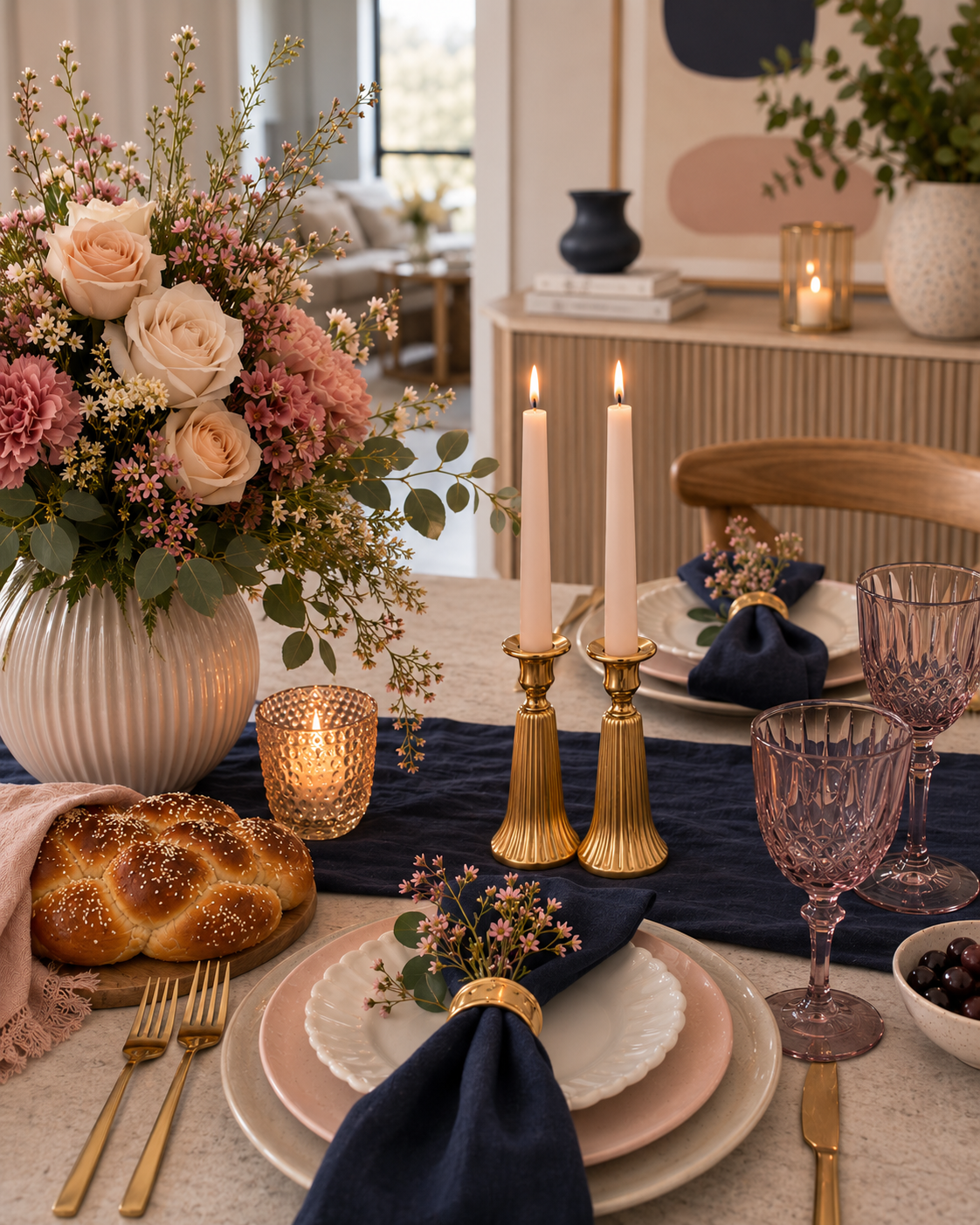 A beautifully styled dining table setting with a large floral centerpiece in a ribbed cream vase, navy blue table runners, gold candlesticks with lit taper candles, pink and white plates, gold cutlery, and purple glass goblets in a warm, elegant room.
